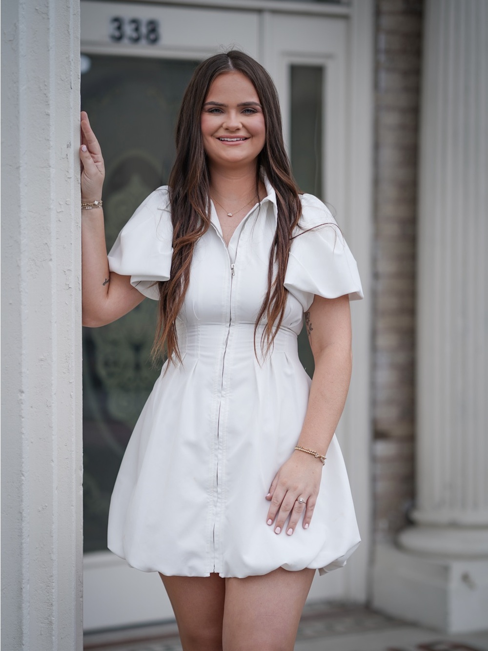Olivaceous White Puff-Sleeve Zip-Front Mini Dress